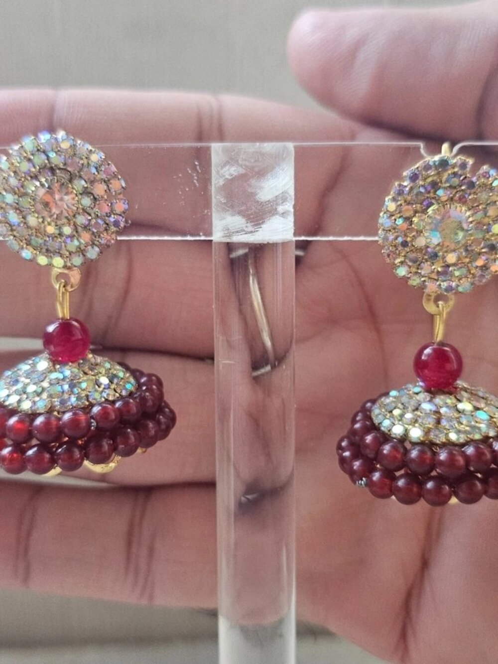 Indian Jhumka Earrings Burgundy Tone Beads Gold Tone Ethnic Fashion Ear Jewelry - Picture 2 of 13
